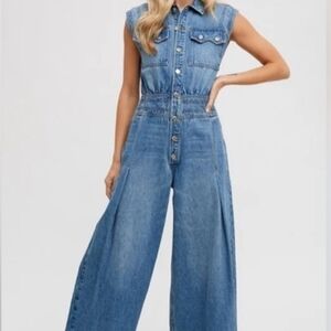 Vici Womens Sleeveless Blue Denim Wide-leg Jumpsuit Small